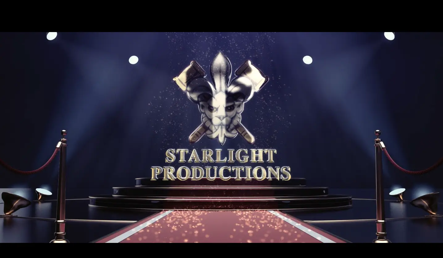 Silver letters spelling “Starlight Productions” with a stage in the background